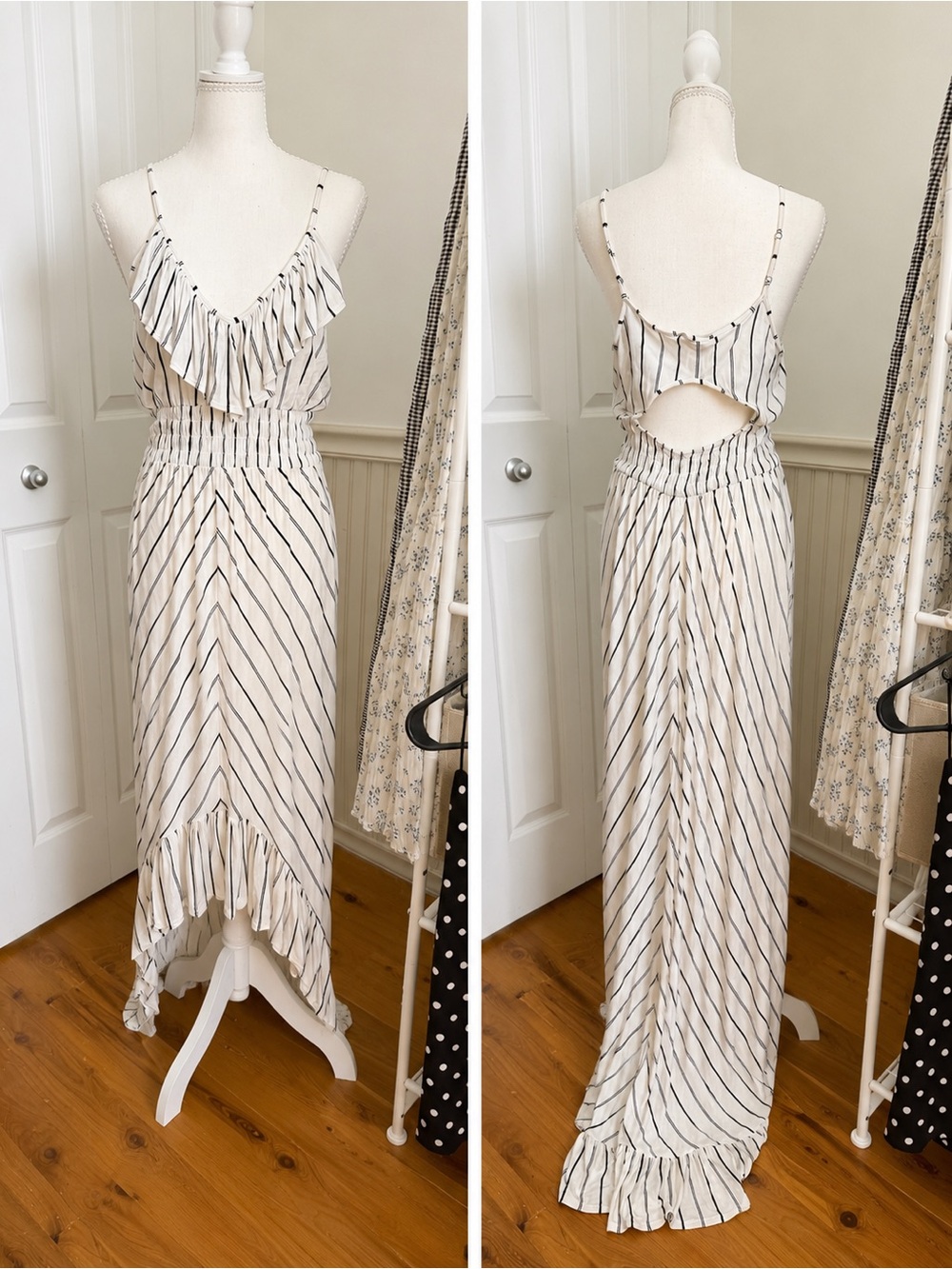 Express Cream and Black Striped Ruffle Maxi Dress